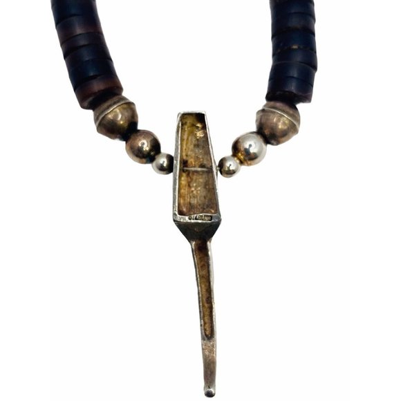 Vintage Navajo Handmade Silver Turquoise Pipestone Beaded Necklace Claw Pendant - Picture 8 of 13
